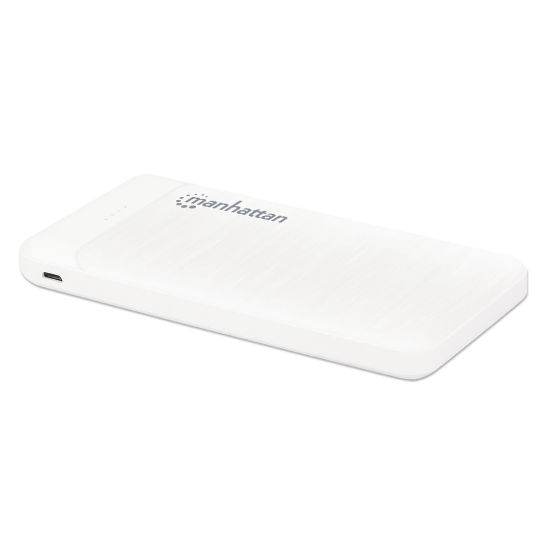 Manhattan Power Bank, 10000 mAh, Output: 2x USB-A (2.1A & 1A), Input: USB-C & Micro-USB (both 2A), White, Blister
