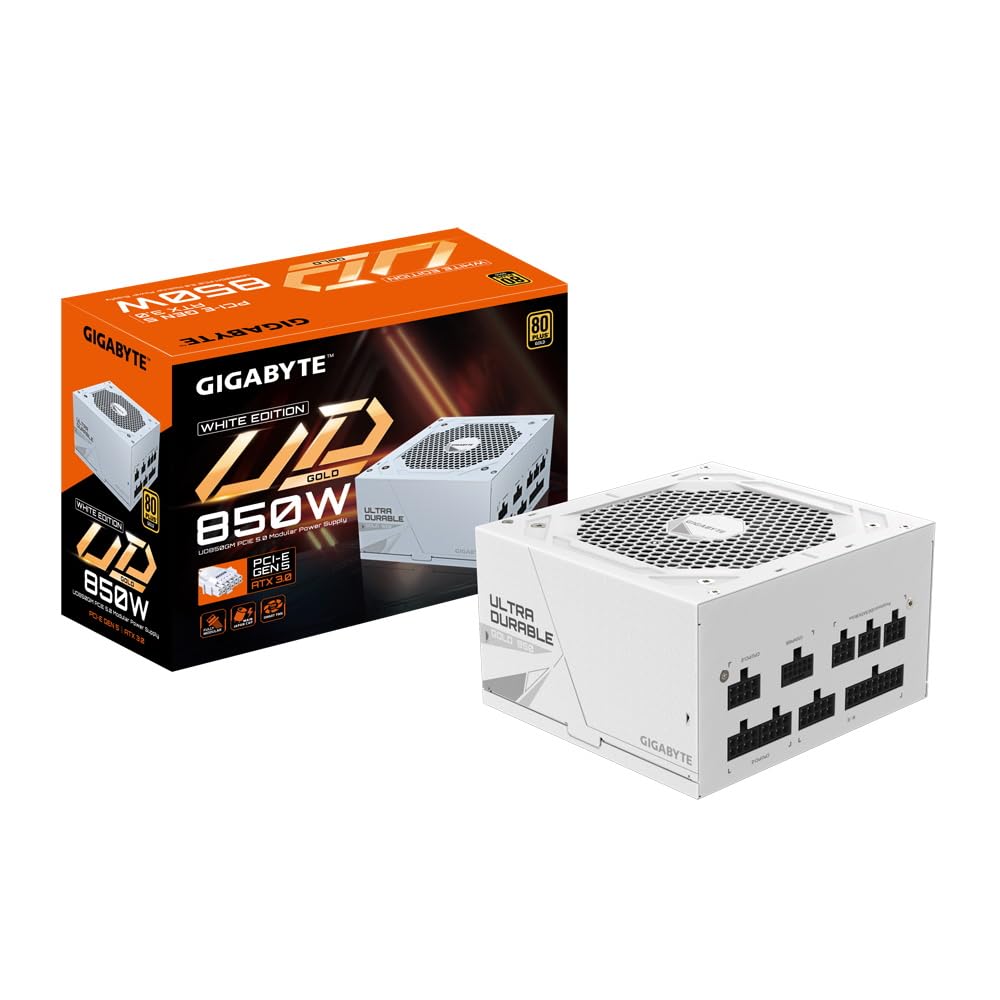 Gigabyte UD850GM PG5 80 Plus Gold Fully Modular 850w PCIe 5.0 White Power Supply Unit, ATX 3.0, 12VHPWR GPU Connector, Flat Cables, 5 Year Warranty