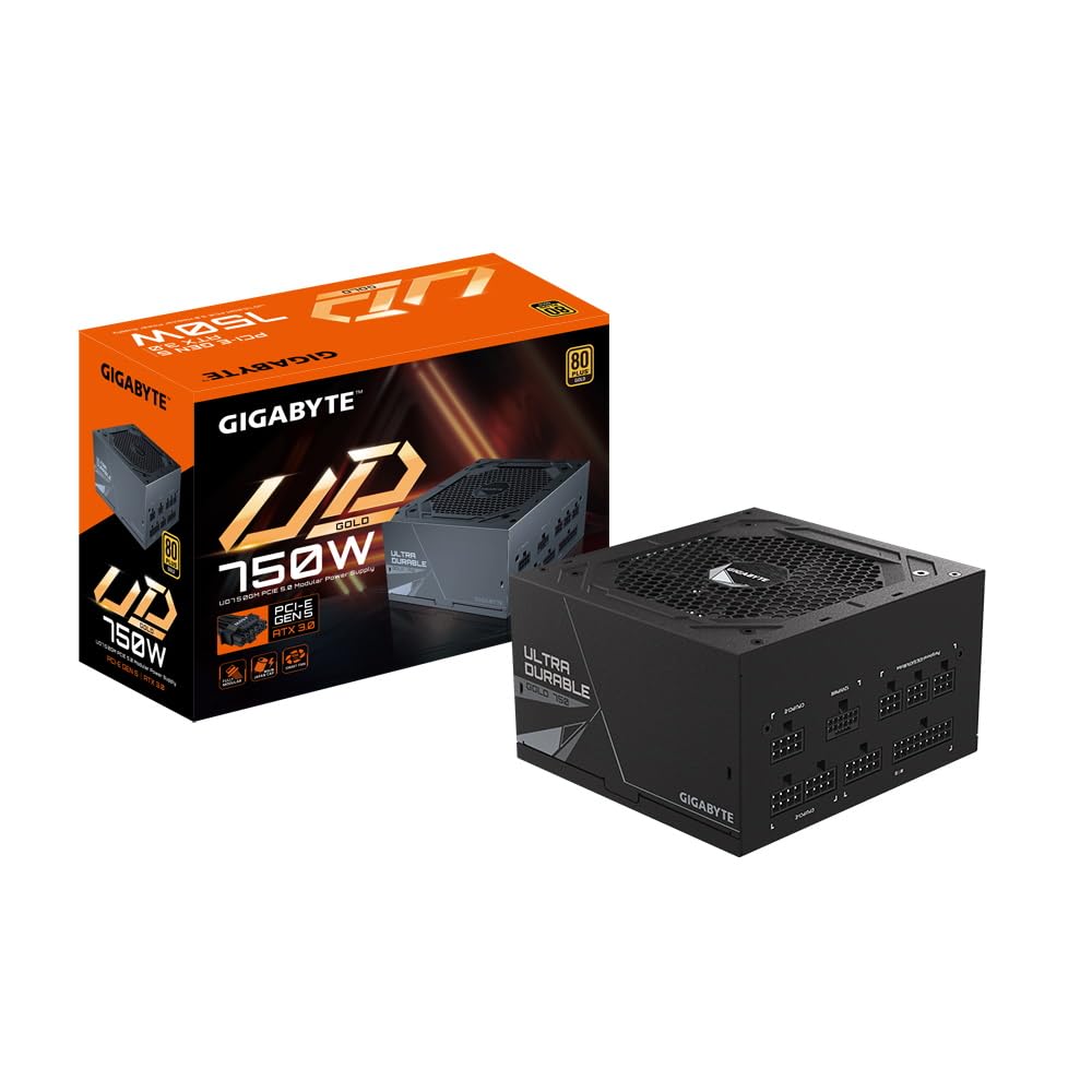 Gigabyte UD750GM PG5 80 Plus Gold Fully Modular 750w PCIe 5.0 Power Supply Unit, ATX 3.0, 12VHPWR GPU Connector, Flat Cables, 5 Year Warranty