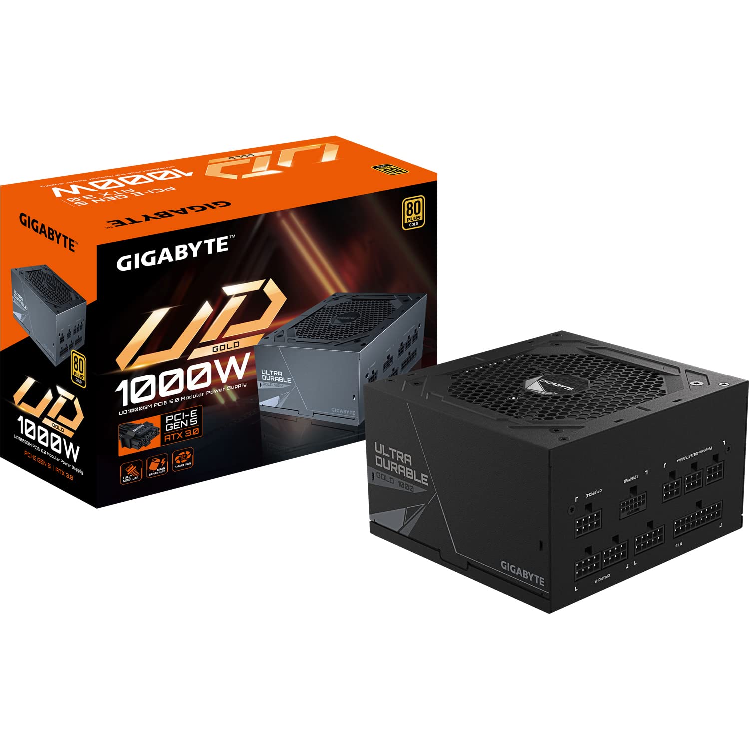 Gigabyte UD1000GM PG5 80 Plus Gold Fully Modular 1000w PCIe 5.0 Power Supply Unit (Rev 2.0), ATX 3.0, 12VHPWR GPU Connector, Flat Cables, 10 Year Warranty