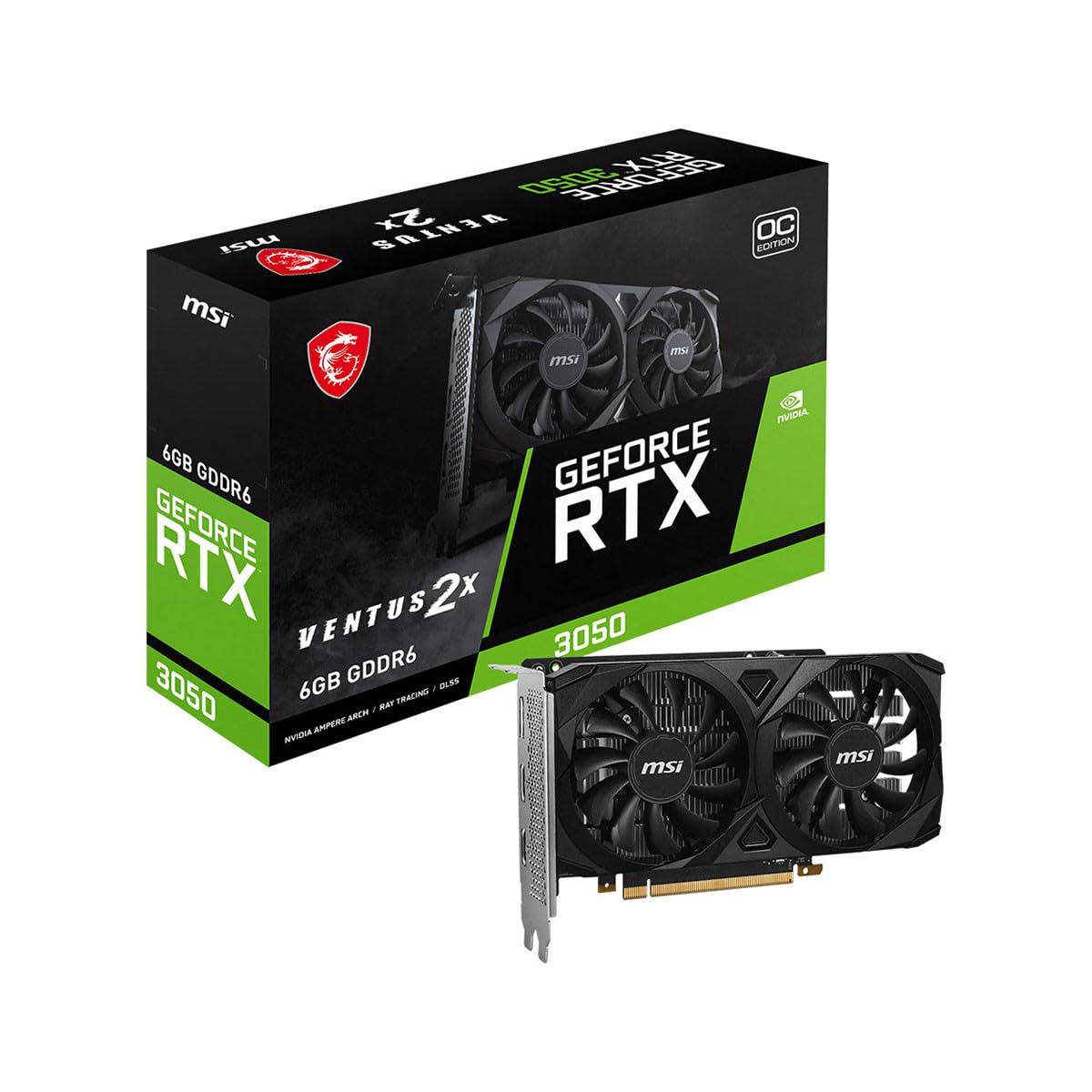 MSI GeForce RTX 3050 VENTUS 2X 6G OC Gaming Graphics Card - 6GB GDDR6, 1492 MHz, PCI Express Gen 4, 96-bit, 1x DP (v1.4a), 2x HDMI 2.1 (Supports 4K)