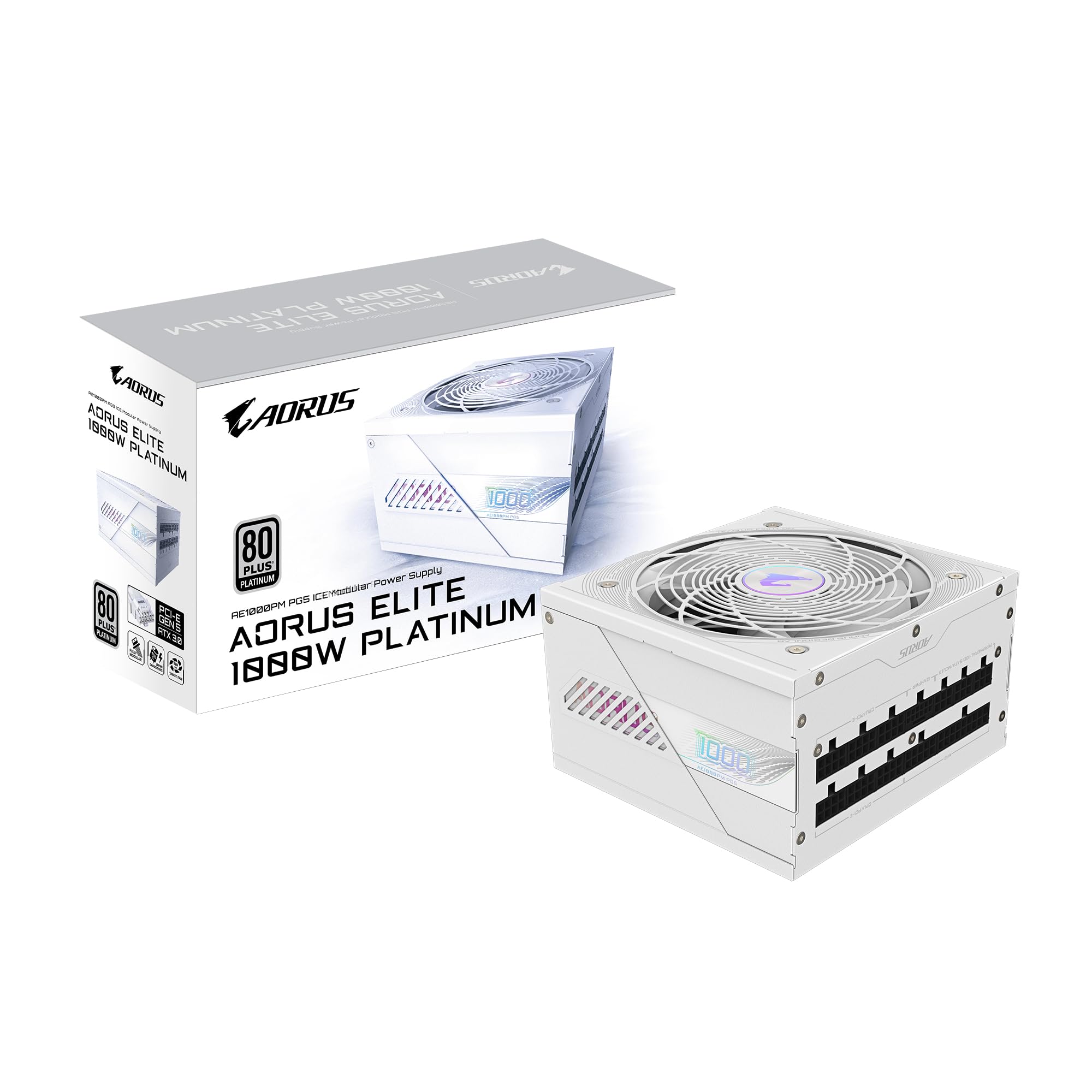 Gigabyte AORUS ELITE P1000W 80 Plus Platinum Fully Modular PCIe 5.0 ICE Power Supply Unit, ATX 3.0, 12VHPWR GPU Connector, Flat Cables, 10 Year Warranty