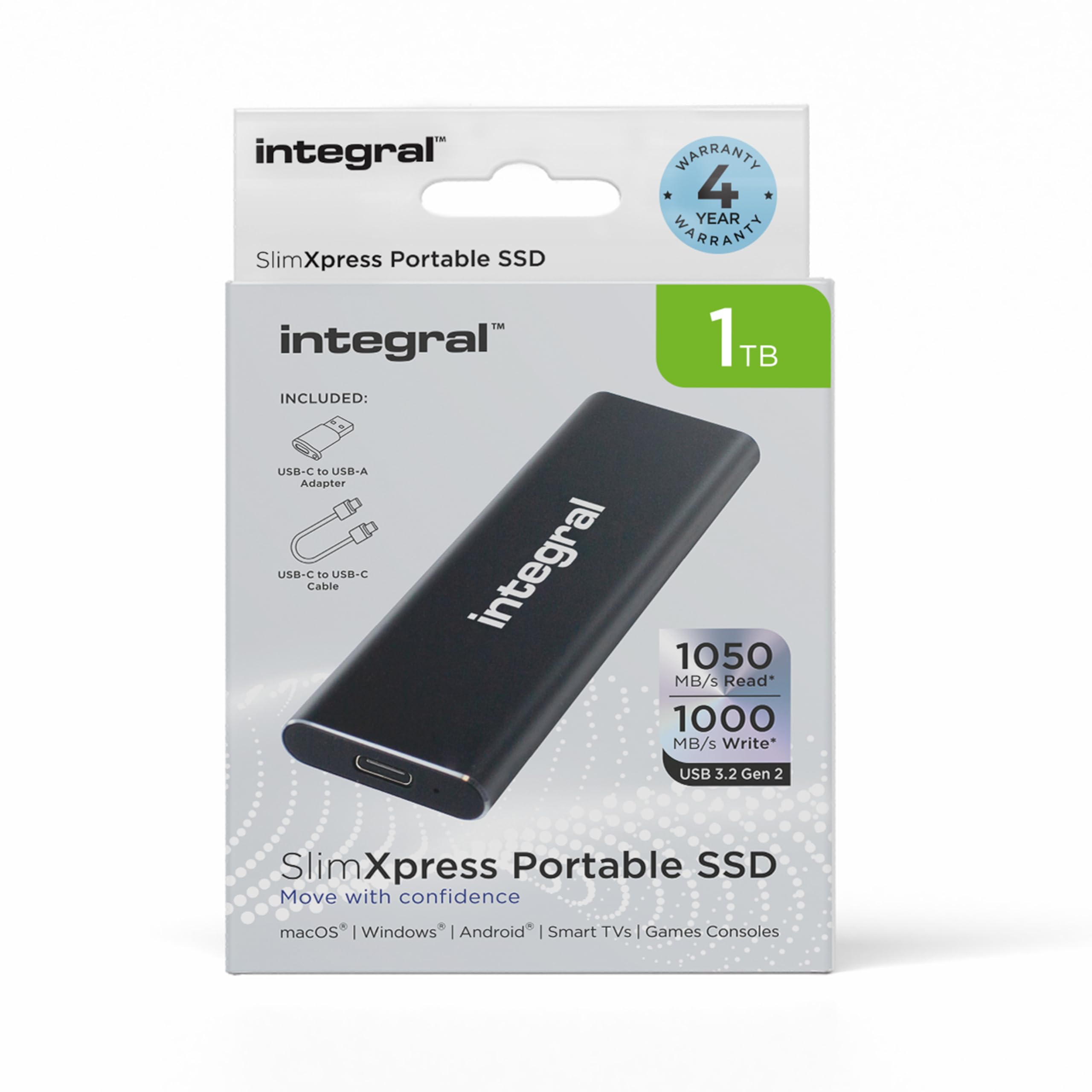 Integral SlimXpress 1TB USB & USB-C 3.2 Gen 2 Portable External SSD - Super Fast 1050MB/s Read / 1000MB/s Write speeds, Sleek Aluminium Casing and Plug & Play. Mac, PC, XBOX & Playstation Compatible Integral SlimXpress 1TB USB & USB-C 3.2 Gen 2 Portable External SSD - Super Fast 1050MB/s Read / 1000MB/s Write speeds, Sleek Aluminium Casing and Plug & Play. Mac, PC, XBOX & Playstation Compatible